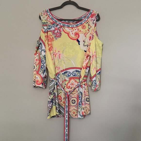 Colorful Floral Cold-Shoulder Belted 3/4 Length Sleeve Top XL - Picture 1 of 5